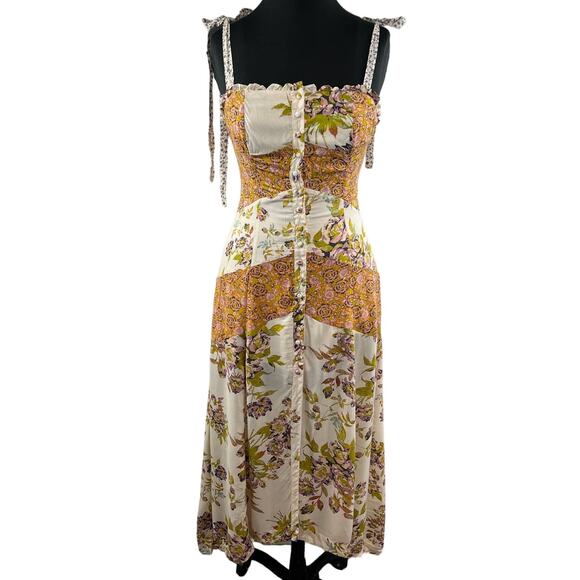 FREE PEOPLE Light Combo Lover Boy Tie Strap Button Up Maxi Dress OB902389 Boho 0 - Picture 1 of 10